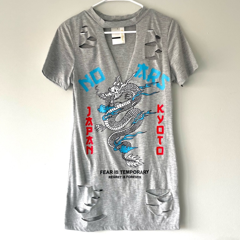 Love Nation Grey Dragon Distressed T-Shirt Mini Dress